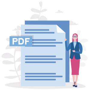 Illustrated woman standing next to a giant PDF