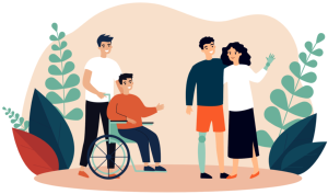 Four people with various physical disabilities gather