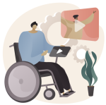 A person in a wheelchair uses an assistive technology device