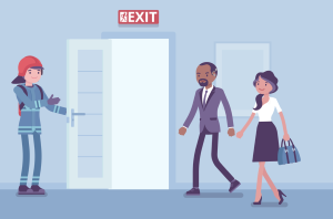 A deaf and hearing employee use the buddy system as they exit during an emergency