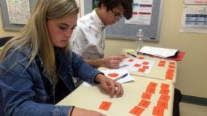 Two students work together sorting notecards