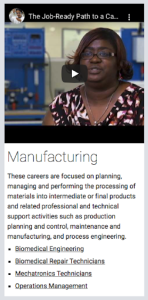 A screenshot of a blurb from Biofab Explorer about Manufacturing careers, including biomedical engineering and more
